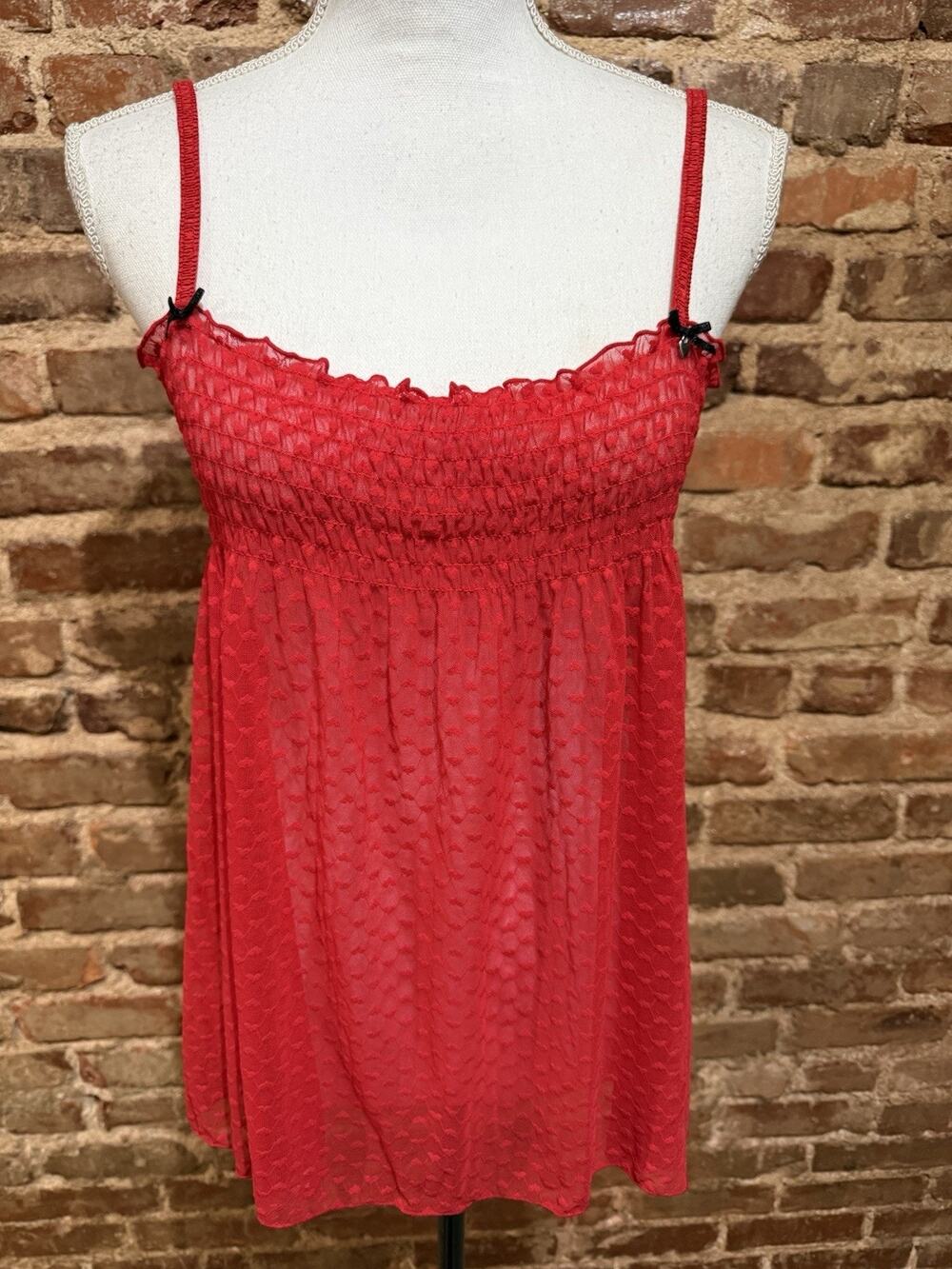 Red y2k Sheer Heart Dot Smocked Ruffled Cami Top Sz L Babydoll Love Fairy EUC